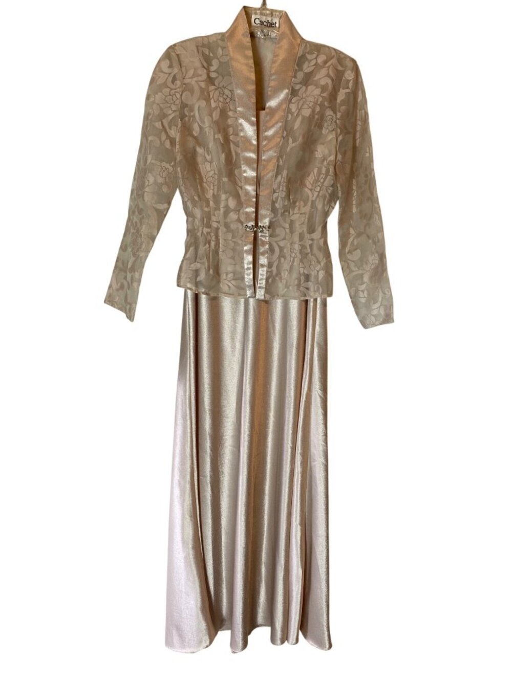Cachet Sleeveless Champagne Satin Gown & Floral Sheer Lace  Jacket Size 6